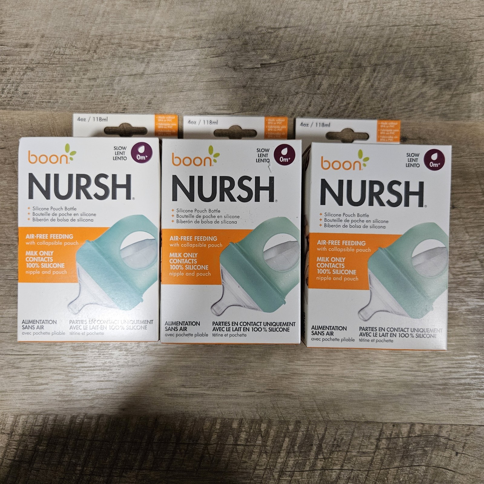 Lot of 3 BOON NURSH 4oz SLOW SILICONE POUCH BOTTLE 0m+ AIR-F