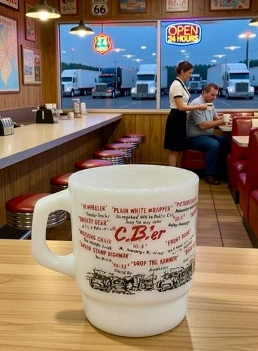 Vtg Anchor Hocking Fire King Milk Glass C.B.'er Trucker Mug Cup CB Coffee Cup