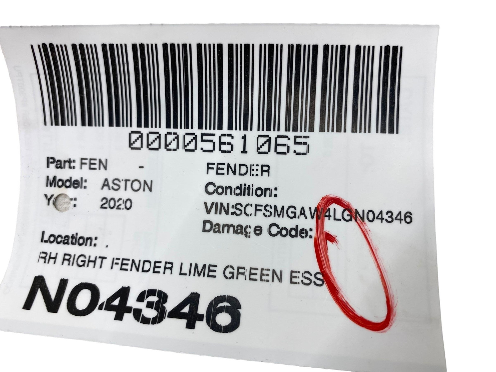 2019 - 2023 ASTON MARTIN VANTAGE RIGHT FENDER LIME GREEN ESSENCE OEM
