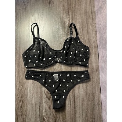 Knotty Knickers Mesh Semi-Sheer Heart Dots Underwire Bralette Thong 2 Piece NWOT
