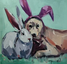 Jose Trujillo Fine Art PRINT 16x16" Collectible Artist Dog Bunny Easter Whimsy
