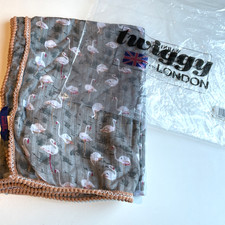 Twiggy London Lightweight Flamingo Scarf Wrap Gray Sheer Pom Poms 72X40" NWT