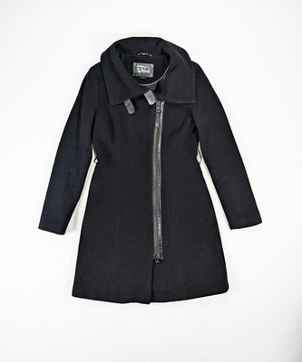 USED MACKAGE Wool Cashmere Leather Trim Black Coat Size S