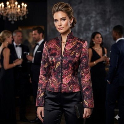 JS Collection Beaded Paisley Jacket Sz 4 Silk Mandarin Collar Evening Event VTG
