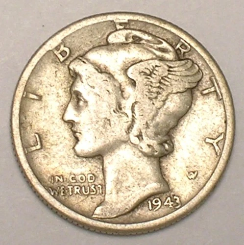 1943 S Mercury Winged Head Dime 10 Cents Silver Coin VF
