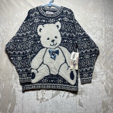Vintage Girls 80s 90s Heartworks Knitted Bear Sweater Size S 7/8 Made In USA New