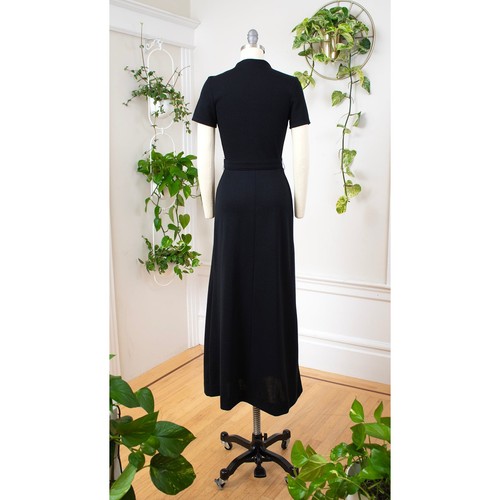 Vintage 1970s Sweater Dress 70s Black Knit Maxi Disco Shirtwaist Rhinestones - Picture 4 of 9