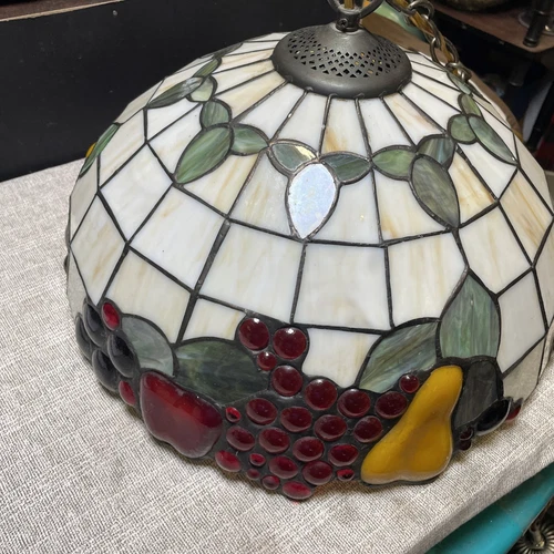 Pendant Light Fruit Motif Stained Glass Tiffany Styled Dome Hanging Vintage 16”