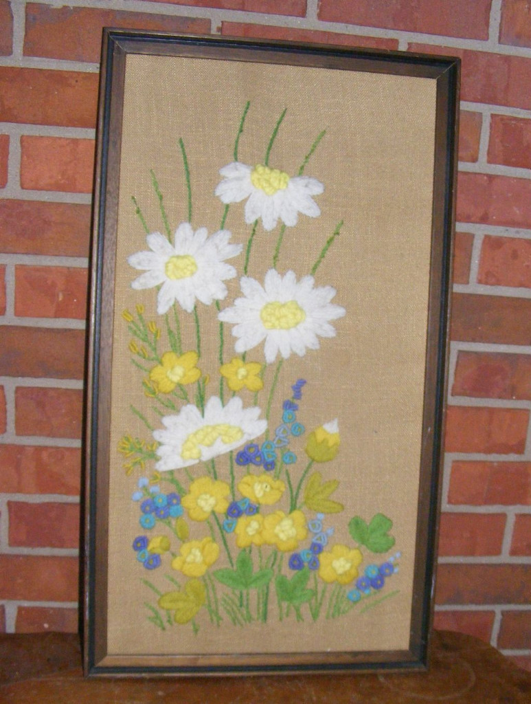 Vintage Daisy Floral Needlepoint Wall Hanging Framed eBay