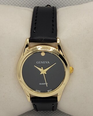 Ladies Geneva Classic Round Gold Tone Case Black Dial Leather Band Watch K6