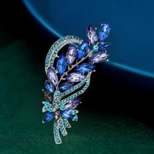Women's Blue Crystal Rhinestone Flower Leaf Brooch Pin