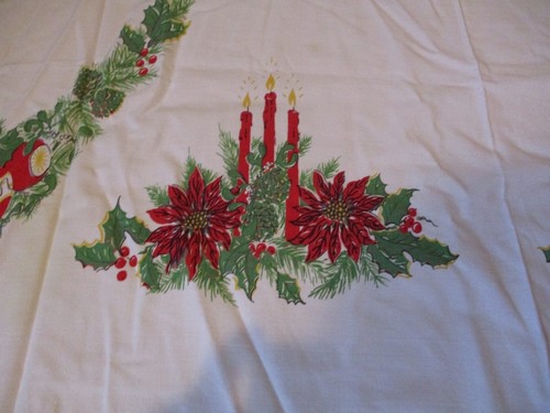 Vintage White Fabric Tablecloth Christmas Holly Bells Poinsettia 48" x 58" - Picture 4 of 7