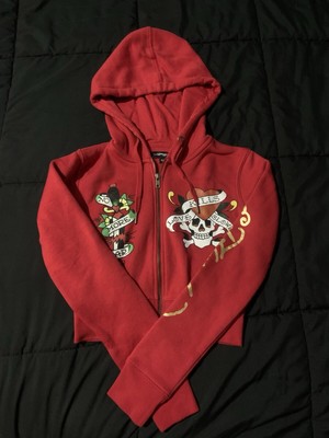 Y2K Grunge Women s XS NWOT Cropped Red Love Kills Slowly Ed Hardy Hoodie