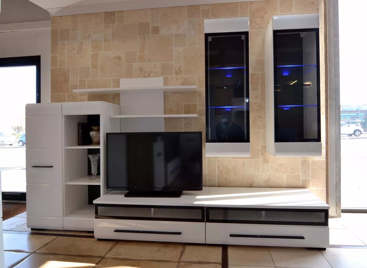 Living Room White Gloss Wall Unit High Quality LED TV Unit 6 Pieces Modern