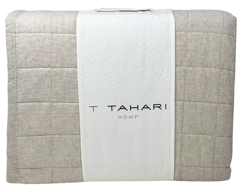 T TAHARI FULL / QUEEN Soft Washed LINEN & COTTON Blend Natural Beige Quilt NEW - Picture 4 of 4