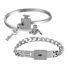 His and Hers Love Couple Bracelet Lock Key Interlocking Stainless Steel Bangle