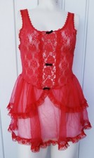Vintage Stroke Of Midnight Red Lace Ruffled Chiffon Chemise Lingerie Sz Medium