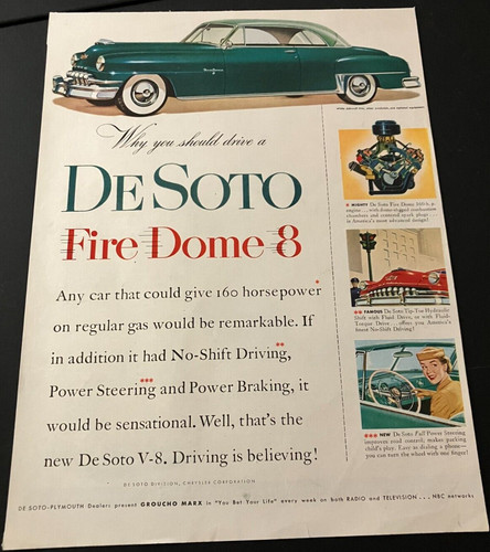 1952 DeSoto Fire Dome 8 - Vintage Original Automotive Color Print Ad / Wall Art