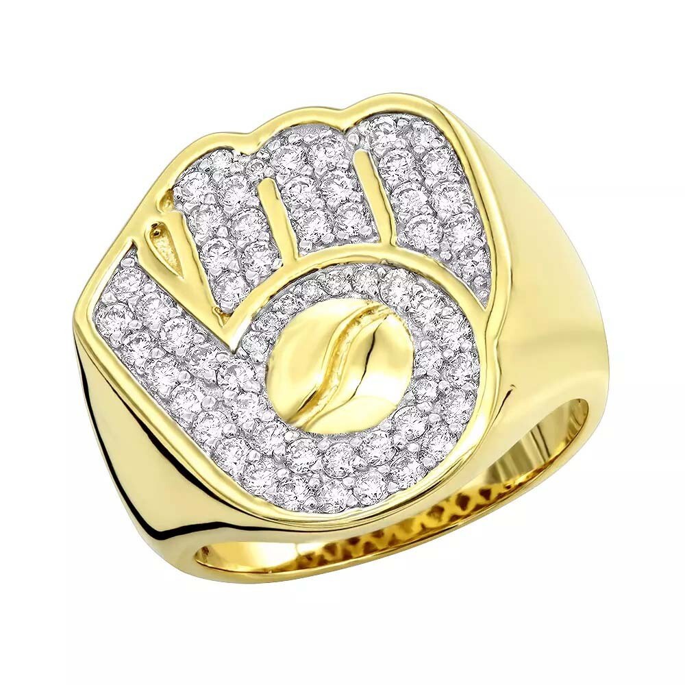 1.50Ct D/FL Brilliant Moissanite 14K Yellow Gold Plated Baseball Glove Mens Ring