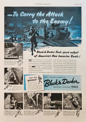 1942 Black & Decker Portable Electric Tools Vintage Ad New Invasion Boats