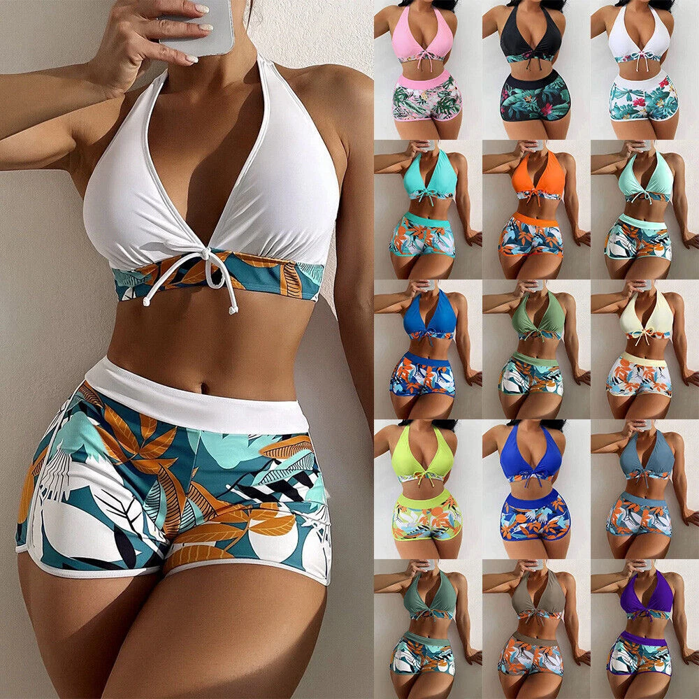 Women Bikini Set Padded Push Up Crop Tops Boy Shorts Swimsuit