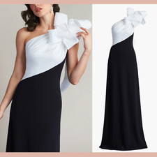 One Shoulder Black White Maxi Evening Dresses Floral Ruffle Formal Evening Gowns
