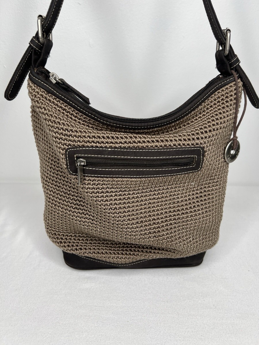 The SAK  Grey Brown Crochet Shoulder Bag Purse Double Shoulder Straps Backpack The Sak Crochet Shoulder Bag | Graphite Gray - Etsy main image 4