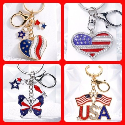 Patriotic USA Keychain Rhinestone Flag Heart Charm Bag Bling 4th of July Gift