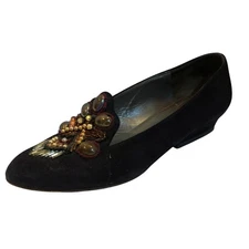 Vintage 80s Charles Jourdan Womens 8.5 Black Suede Beaded Heels Loafers Shoes