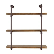 Urbanne Industrial Aged 3-Tiered Wood Print MDF and Metal Pipe Floating Wall She