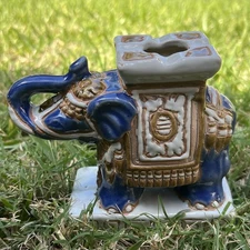 Pottery Blue Lucky Elephant Asia Plant Pedestal AshTray Pillar Candle Stand 6in