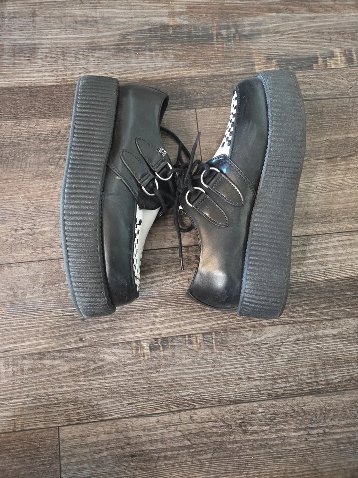 Vintage Y2k T.U.K. Plataforma Creeper de cuero negro blanco talla 6 Foto 4 de 4
