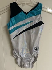 GK Gymnastics Leotard Simone Biles Silver Black Blue Foil Size Small AS