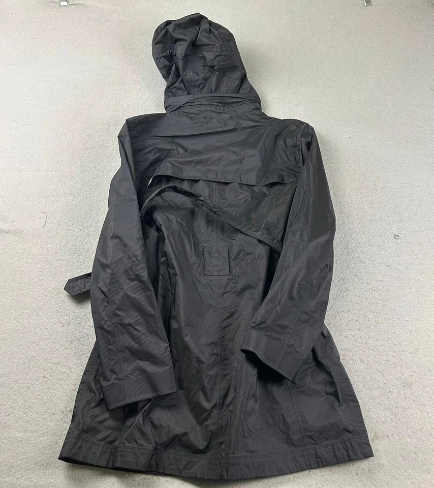 LL Bean Jacket Womens MP Black Nylon Full Zip Hooded Belted Lightweight Raincoat - Image 3 of 4
