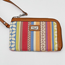 Fossil Wristlet Card ID Wallet Leather Trim 2 Sided Zip Fun Stripes Boho Chic