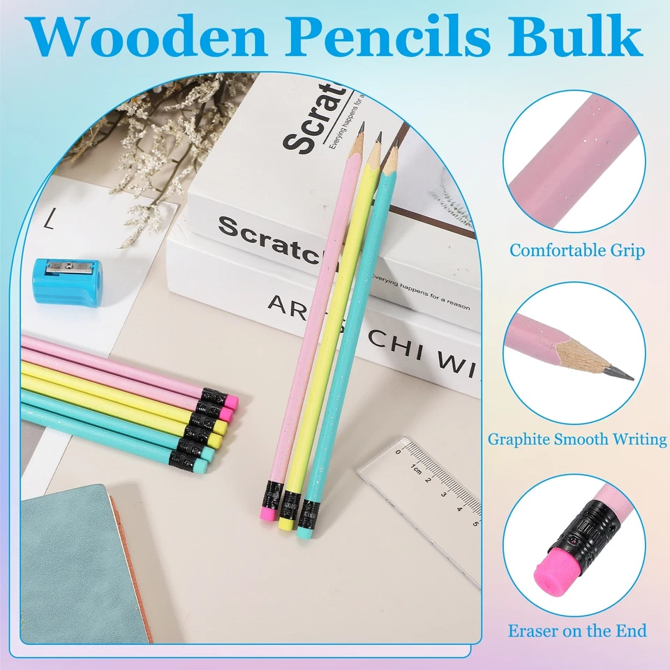 Lápices de madera triangulares a granel, paquete de 12 lápices de grafito HB con borrador, rosa Foto 3 de 4
