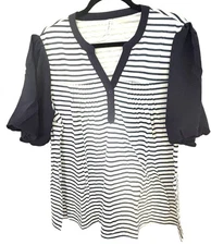 Falechay Womens 2XL Striped Top With Puff Sleeves & Button Detail