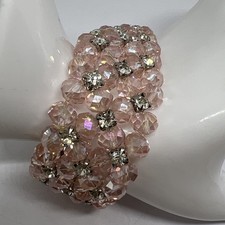CRYSTAL PINK GLASS FACETED BEADS PRONG SET RHINESTONES WIDE STRETCH BRACELET