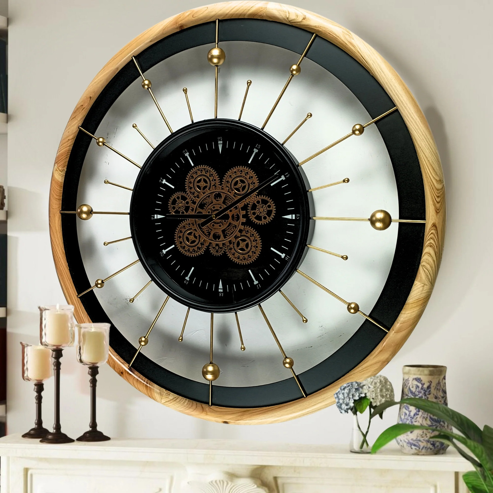 The Gears Clock SPAIN LINE WALL CLOCK ROUND 32 INCH "BARCELONA" BLACK AND WOOD