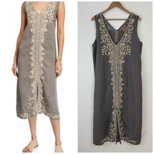 Johnny Was Kemi Embroidered Linen Midi Dress Size L Gray Lagenlook Sleeveless