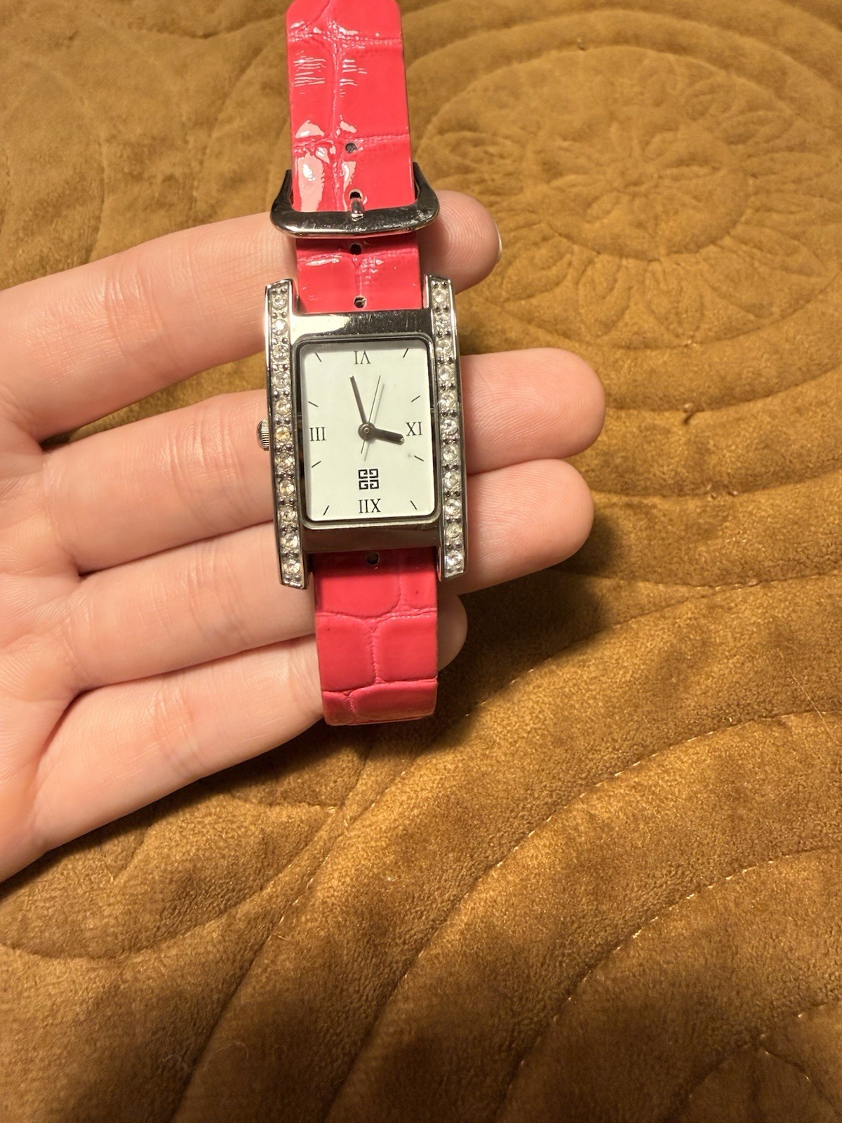 Rectangular Crystal-Trim Watch with Hot Pink Croc… - image 1