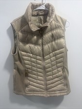 Chaleco acolchado Michael Kors beige con logotipo acolchado bolsillos con cremallera completa para mujer M