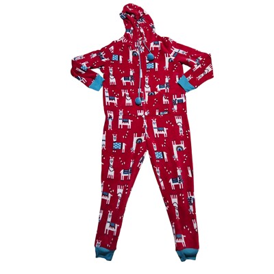 Munki Munki Hooded Llama Pajamas 1 Piece Christmas Women's Size Large Romper