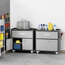 Black Metal Garage Storage Cabinet With Wheel,Lockable Tool Cabinet With Shelves