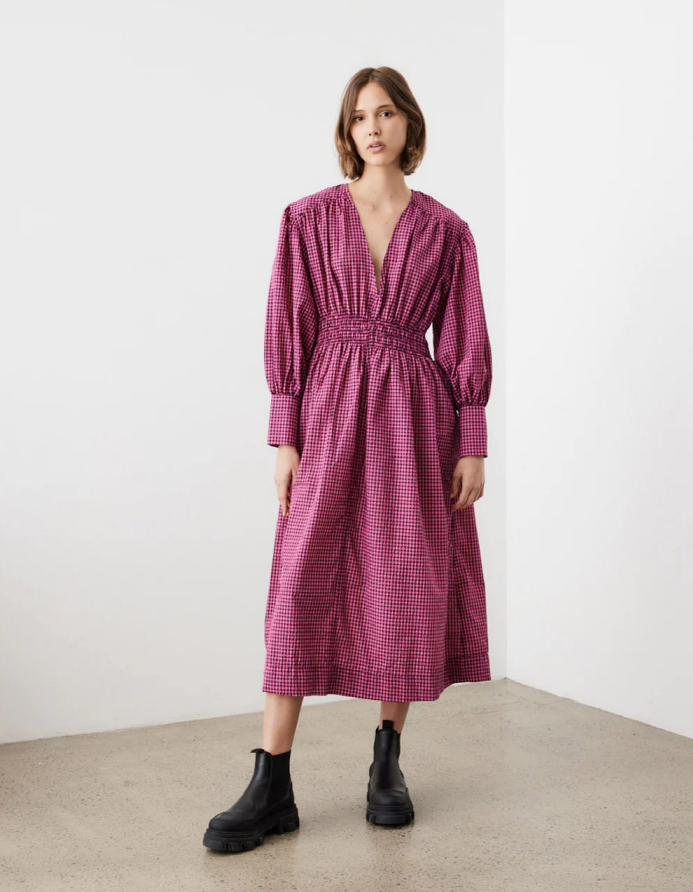即発★GANNI★ SEERSUCKER GATHERED MIDI DRESS F6713 Ganni Seersucker Gathered Midi Dress / F6713 | eBay