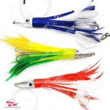 3pcs 6" Fishing Tuna Feather head Jet Rigged Lure Double tuna Hook 3 mix colors