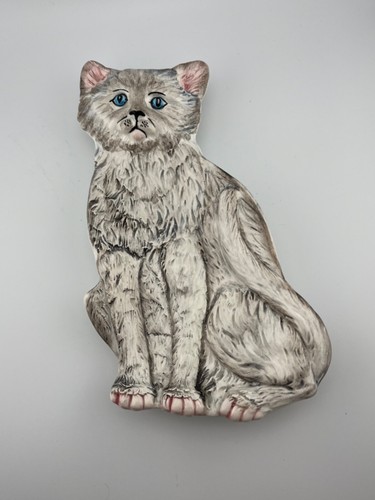 Italian Pottery Cat Tray Trinket Dish 7343 Made in Italy Gray Cat with Blue Eyes