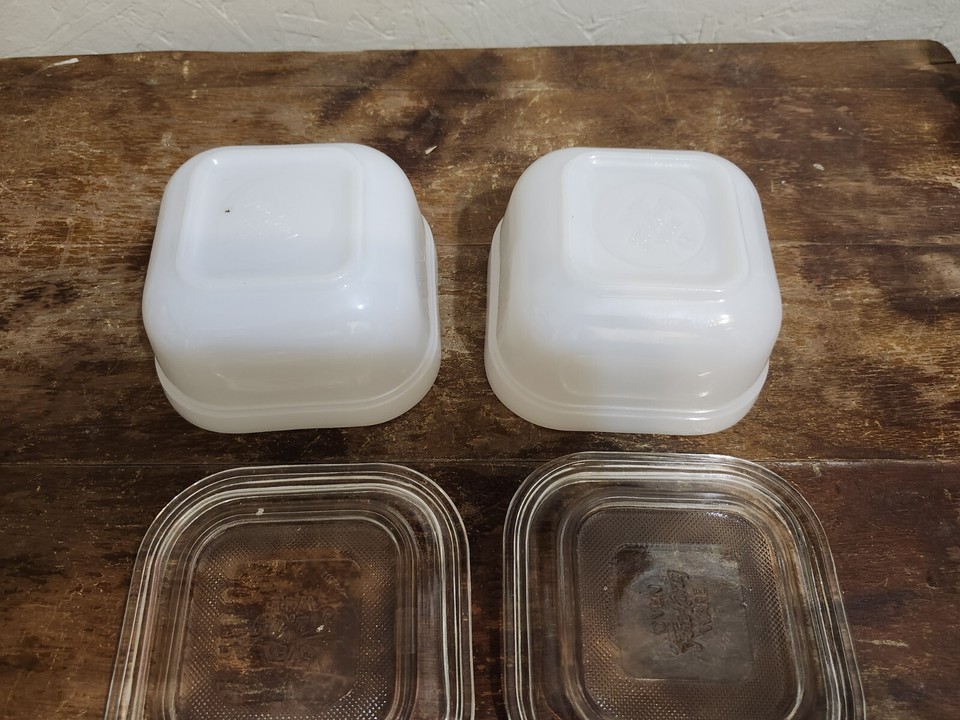 VTG MCM Fire King White Milk Glass Oven Refrigerator Ware Dish Pair Set