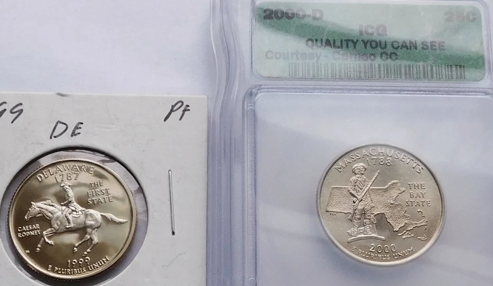 7 State Quarters 1999 DE, 2000 MA, 2001 VT, 2002 MS, 2003 NH/ME, 2006 NV, Proof+ - Image 3 of 4