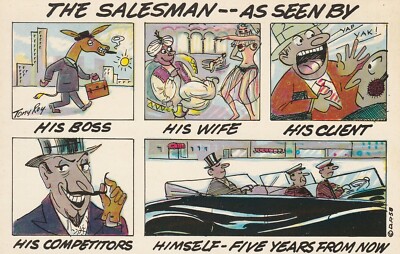 Vintage Postcard Humor Comic Salesman as seen by his boss, his wife
